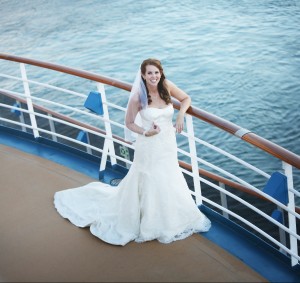 redhead woman in wedding dress on ship