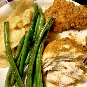 shake n bake chicken with potatoes and green beans