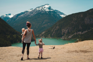 mom with kids at mountains