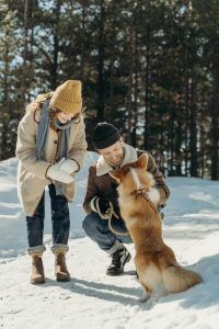 dog and family in snow