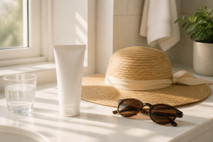 A sunscreen tube, a straw sun hat and sunglasses on a bathroom counter in morning light.