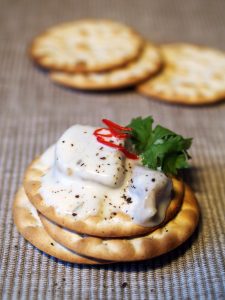 A cracker with melted cheese on top
