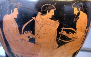 drawing of roman musicians on pottery