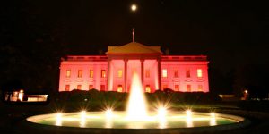 A building lit up at night